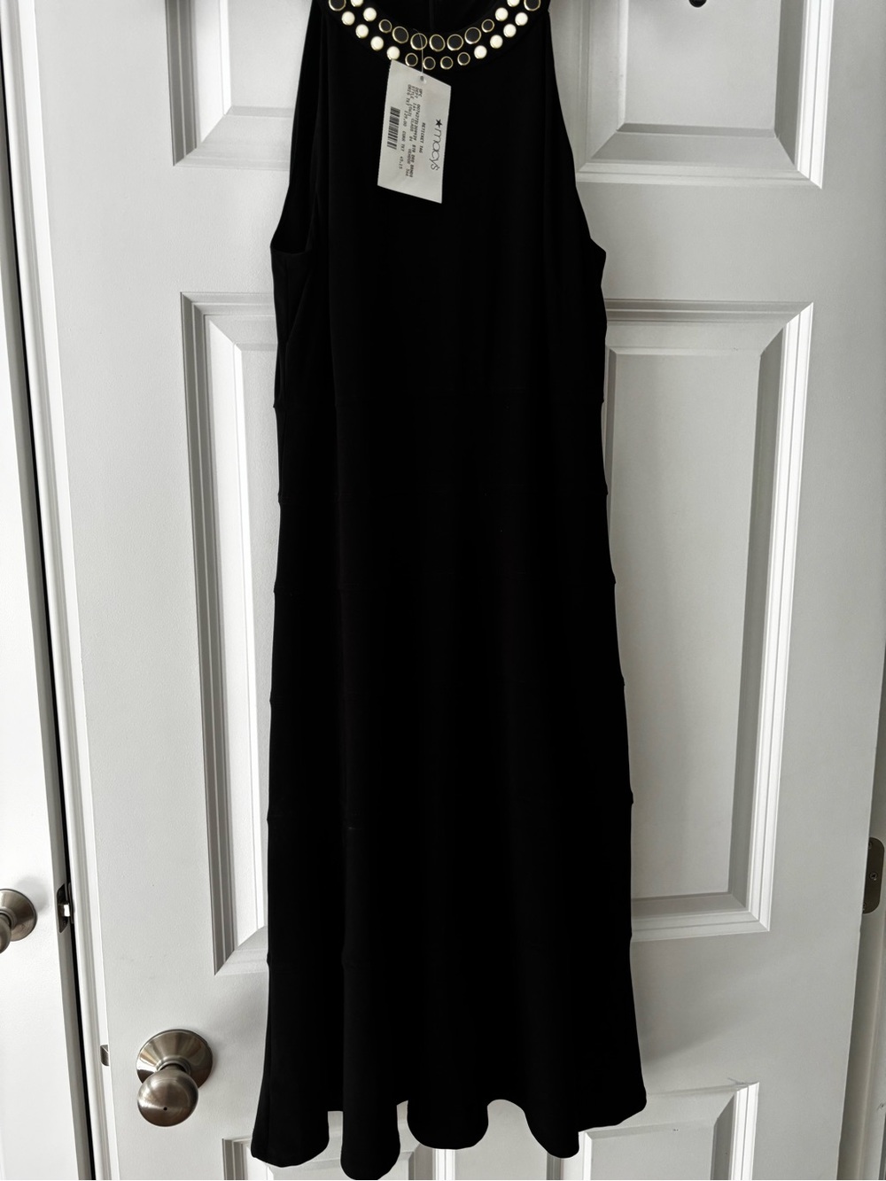 Anne Klein Black Midi Dress with Pearl-Style Neck Trim